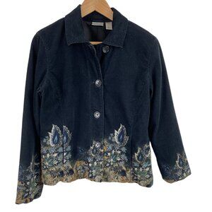 Chico's Womens Size 1 Black w/ Multicolor Flowers Corduroy Jacket Blazer Lined